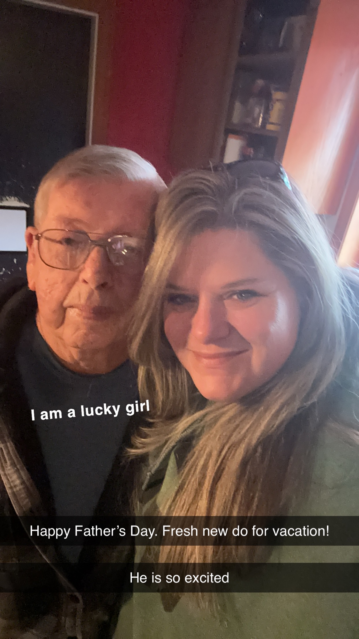 Photo of Alicia, the new Admin at Forest Grove Beehive, with her father. It has text that reads "I am a lucky girl" and below that "Happy Father's Day. Fresh new do for vacation! He is so excited".